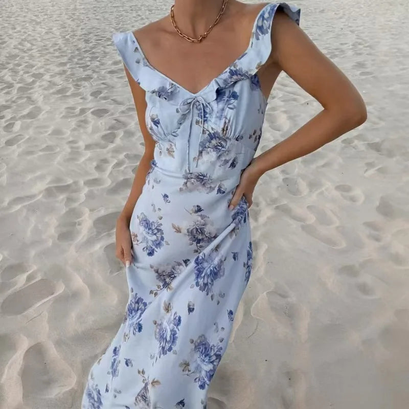 Elegant Summer Print Floral Dress Women V-neck Slim Ruffles Sleeveless Backless Long Dresses 2026 Beach Vacation Lady Vestidos