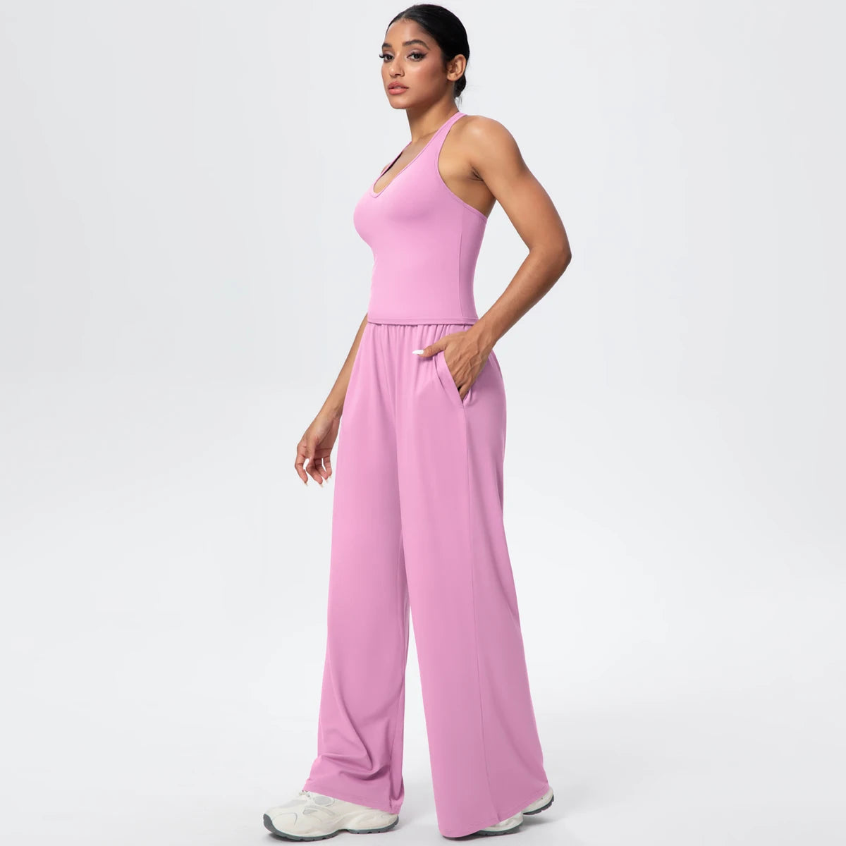 Breathable Loose Wide Leg Pants and Yoga Vest Set Solid Color High Stretch Pockets Pants Beautiful Back T-shaped Vest Yoga Suit