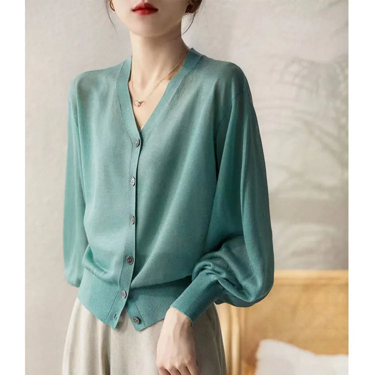 Women Elegant V Neck Single Breasted Thin Sun-proof Cardigan Elegant Korean Knit Simple Solid Sheer Tops Summer Casual Outwear