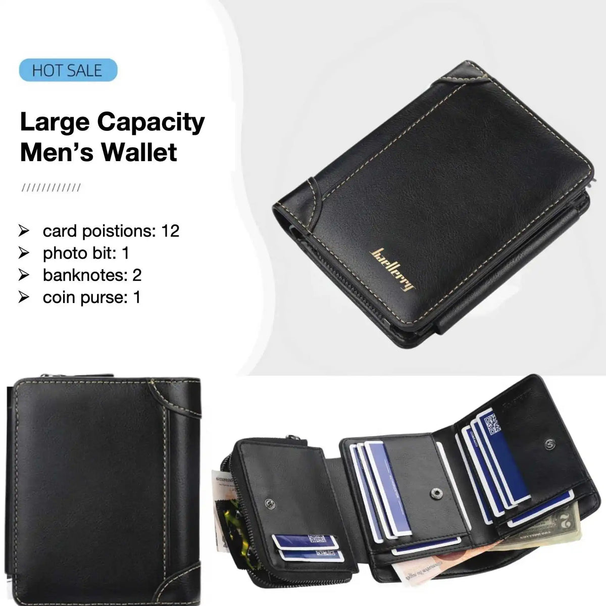 Multi-Card Triple Fold PU Leather Men's Short Wallet Large Capacity Zipper Coin Purse Simple Business Vertical Card Holder