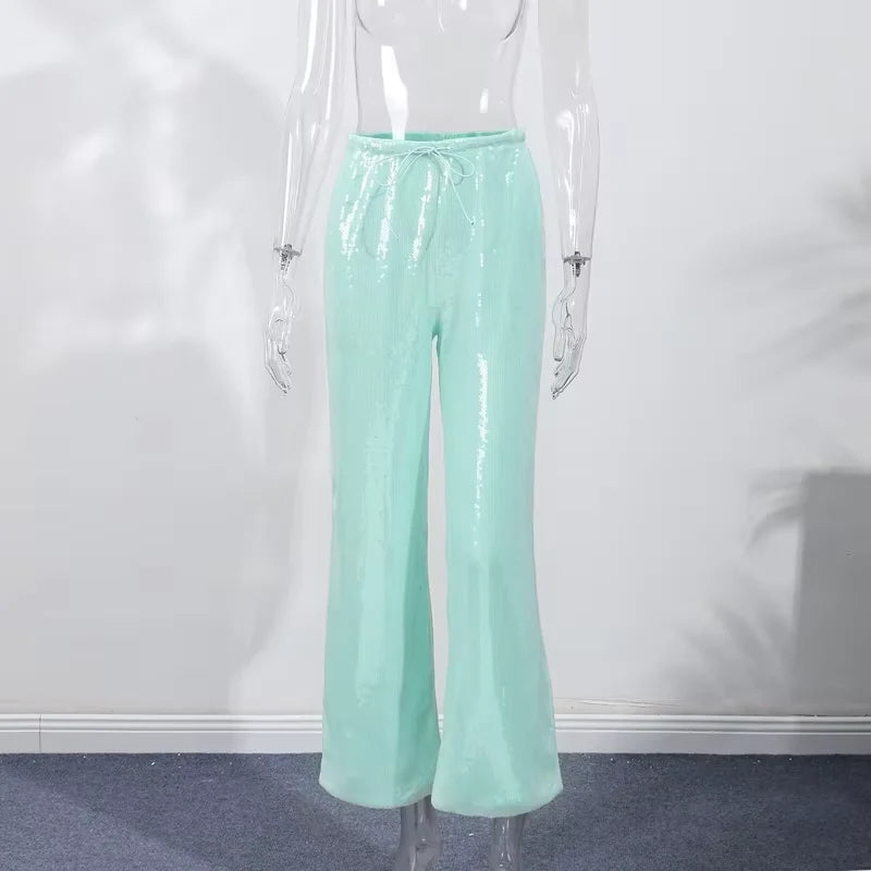 Summer Vacation Y2k Women's Sequined Pants Lady Chic High-Waist Lace Up Loose Fit Straight Mop Trouser Female Casual Streetwear