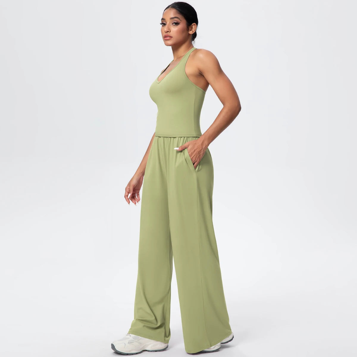 Breathable Loose Wide Leg Pants and Yoga Vest Set Solid Color High Stretch Pockets Pants Beautiful Back T-shaped Vest Yoga Suit