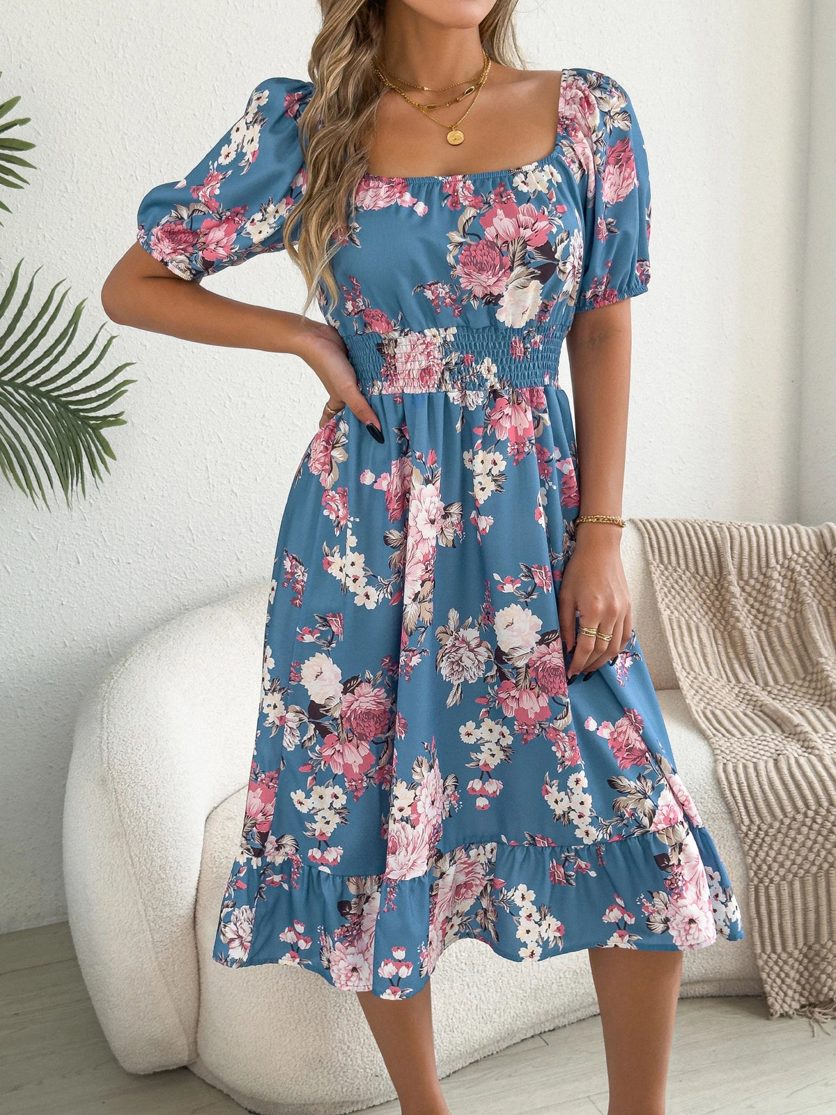 Elegant Floral Print Dresses for Women 2026 Spring Summer Casual Square Neck Short Sleeve Waist Cinching A Line Ruffled Dress