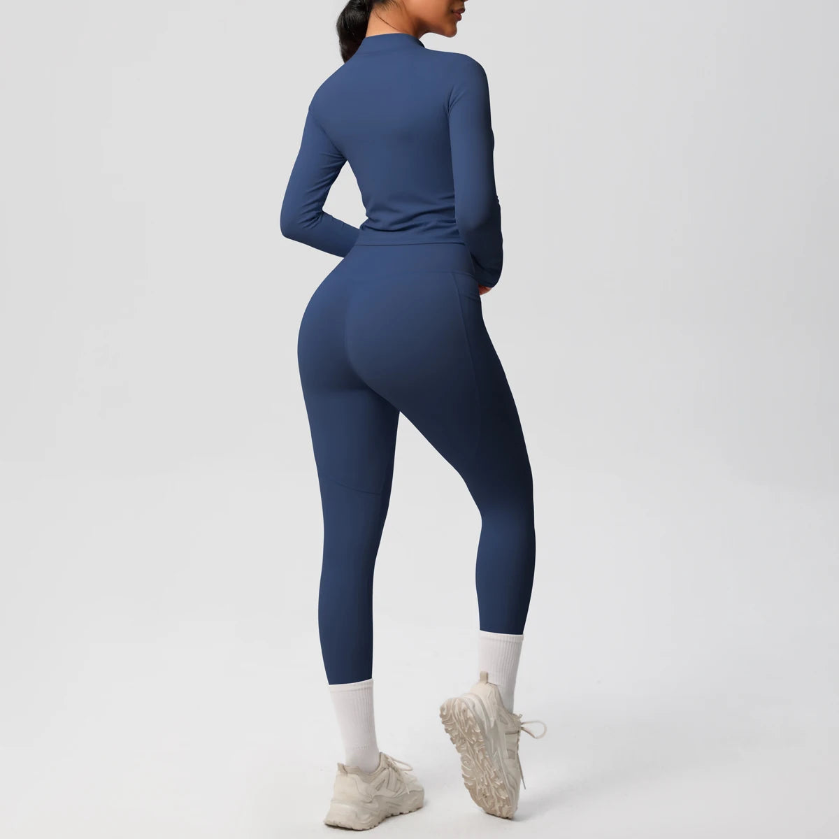 2PCS Yoga Suit Women Gym Set Leggings With Pocketed Women Tracksuit Running Zipper Workout Sportswear Long Sleeve Sports Shirt