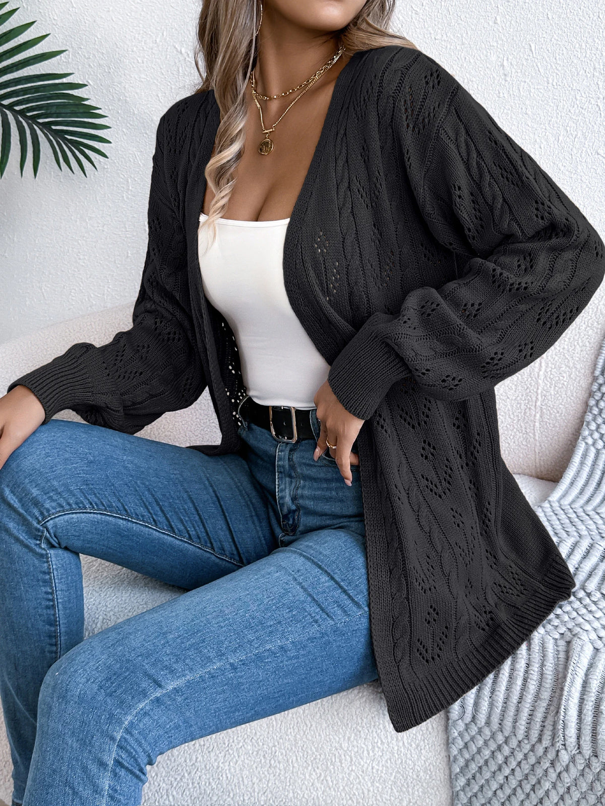 Women's Solid Color Hollow Out Knitted Cardigan Sweaters 2026 Autumn Winter Casual Lantern Long Sleeve Coats White Black Khaki