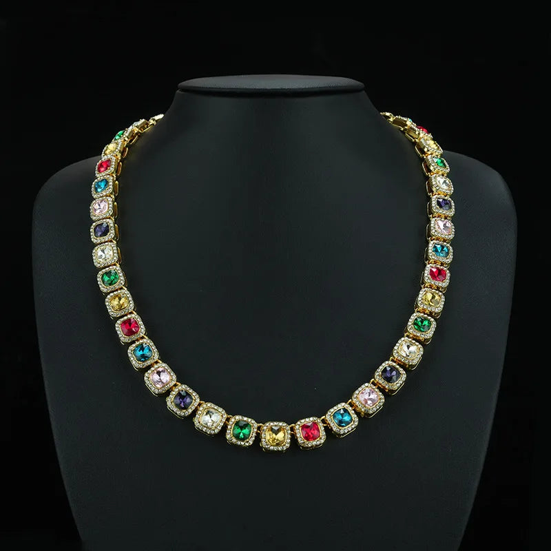 ZAKOL Hip Hop Luxury Square Colorful Rhinestones CZ Tennis Chain Necklace Bracelet Punk Fashion Jewlery Couple Gift
