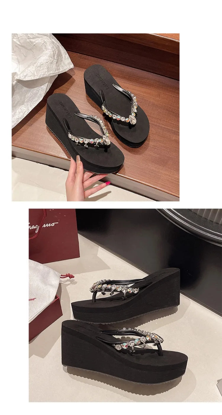 2025 Summer New High-heeled Flip Flops Women's Rhinestone Chain Pendant Thick Bottom Fashionable Clip on Sandals Beach Slippers