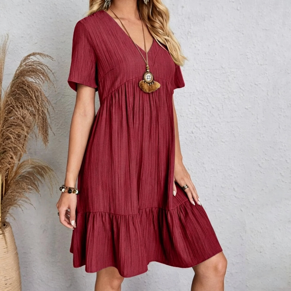 Women Elegant V Neck Ruffles Mini Dress Summer Vintage Solid Loose Sundress Bohemian Casual Solid Beach Party Vestidos