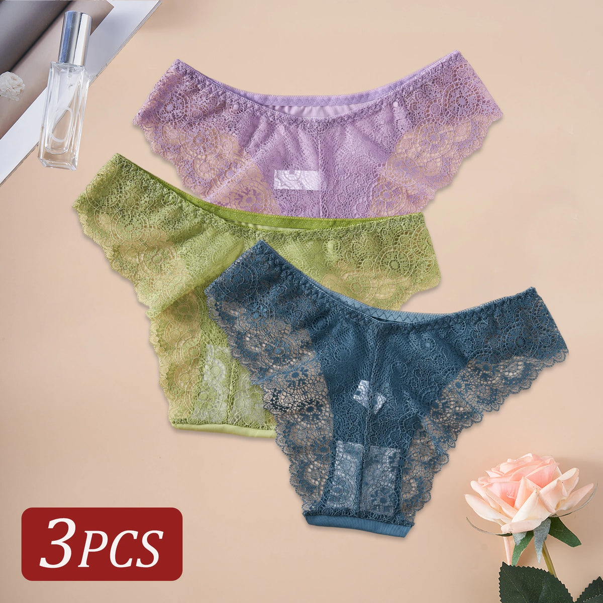 3PCS Elegant Hollow Floral Lace Panties for Women High Quality Underwear Solid Color Low-Waist Sexy Briefs Intimates Lingerie