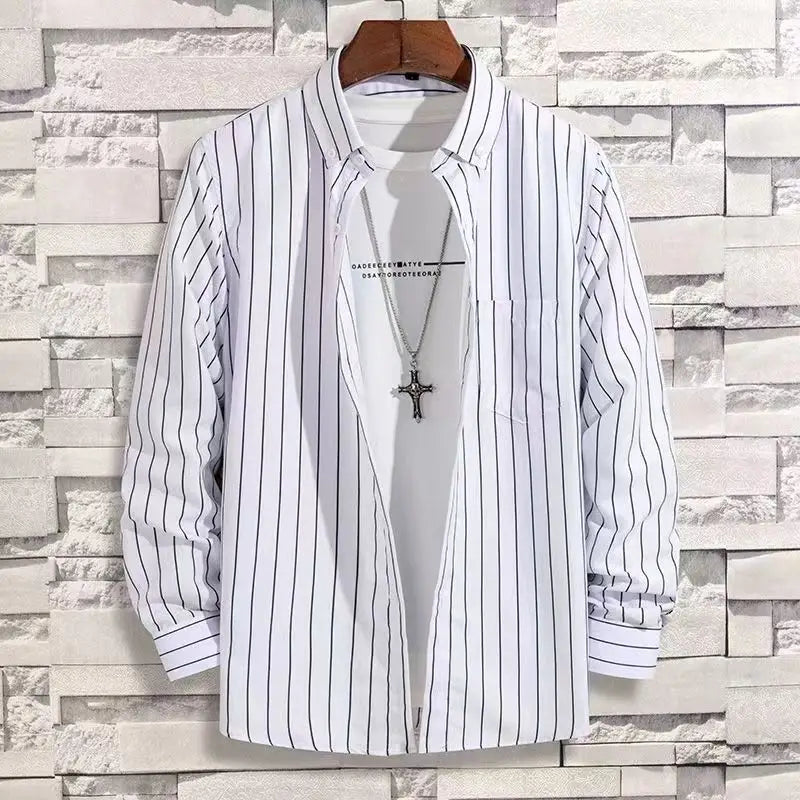 Mens Dress Shirts Striped Long Sleeve Plaid Checked Shirt Smart Casual Business Non-Ironing Korean Slim Fit Formal Blue White