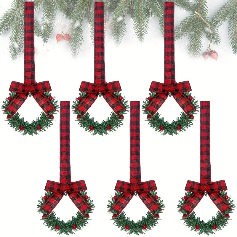 6pcs Christmas Kitchen Cabinet Wreaths with Ribbon, Mini Christmas Wreath Small Kitchen Xmas Decor for Window Door 