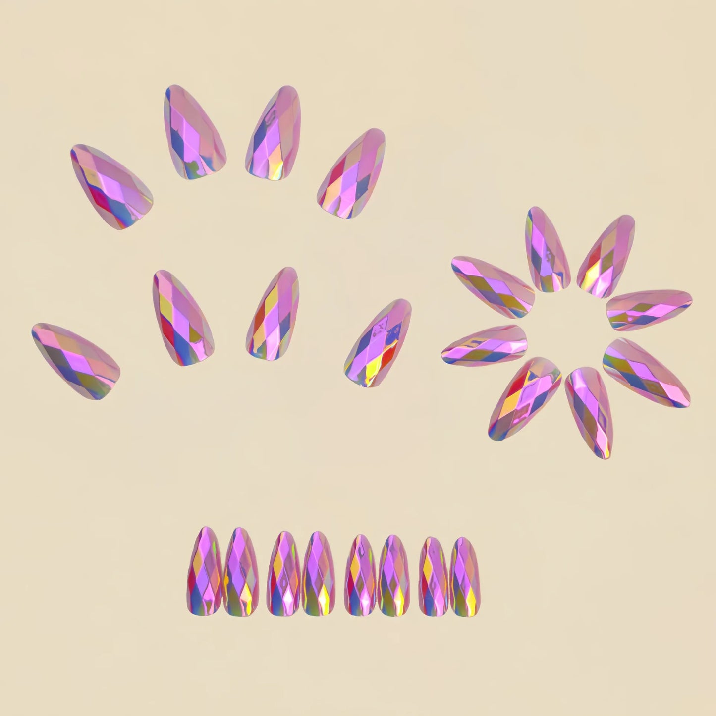 Medium fake nails for women girl glossy Metallic Holographic Plated 3D rhombus design dark blue pink press on acrylic false nail
