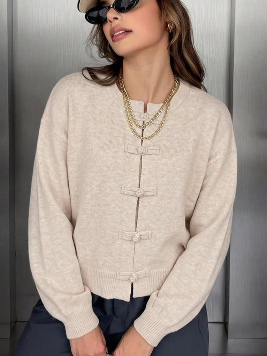 Women Vintage Knitted Sweater Causal Long Sleeve O-Neck Soft Warm Chinese Style Buckle Cardigan Female Autumn Winter Outerwear