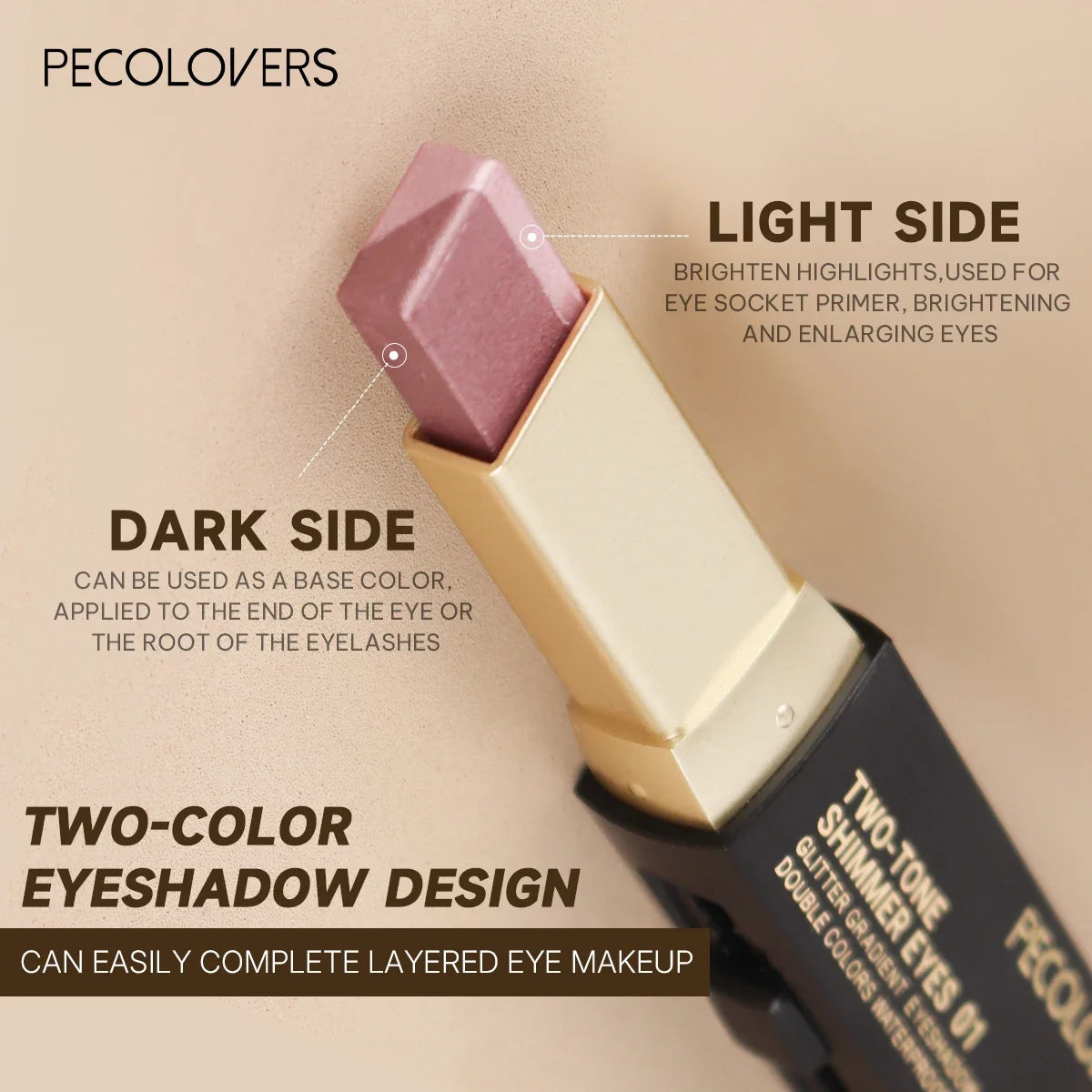 1pc PECOLOVERS Aurora Shimmer 2-Tone Gradient Glitter Eyeshadow Stick - Long-Lasting, Waterproof, Formaldehyde-Free