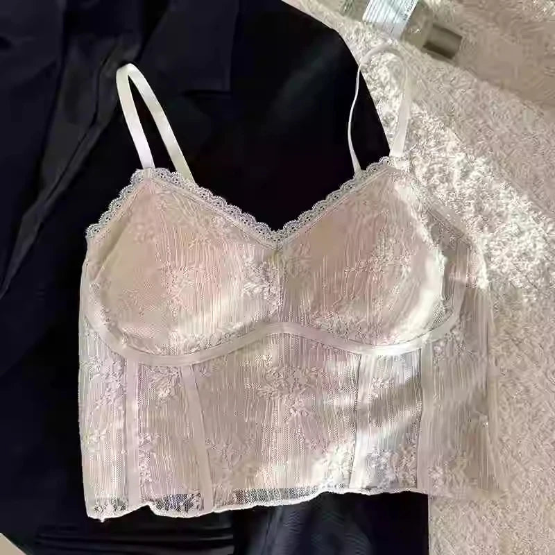 MOYISU French Lace Halter Bralette - Backless Wireless | Convertible & Removable Pads | White Comfort Bra for Daily/Evening Wear