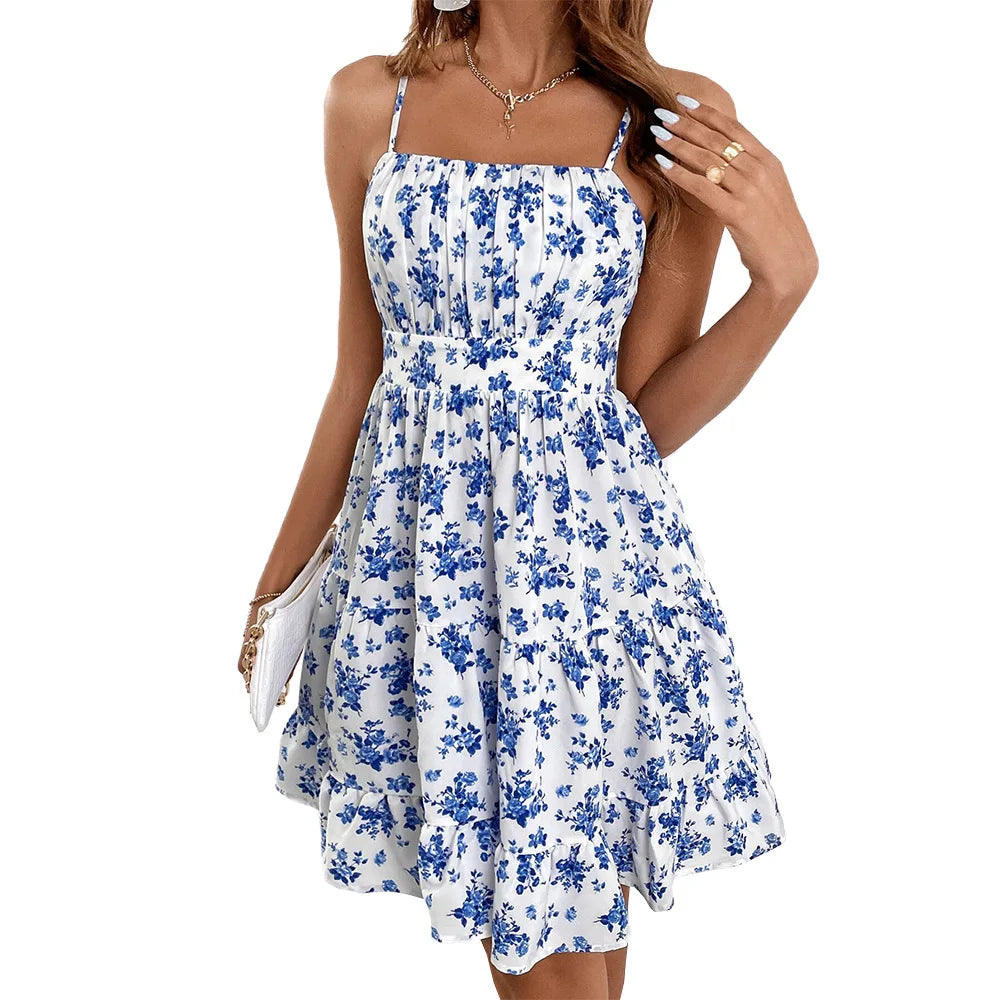 Sexy Floral Print Square Neck High Waist A-Line Dress Women's Sleeveless Off-Shoulder Dresses Summer Beach Vacation Streetwear