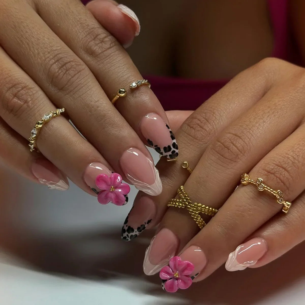 24PCS Pink Almond Press on Nails Full Cover Carved Flower 3D Ripples French Fake Nails for Women with Golden Pearl Wearable Nail