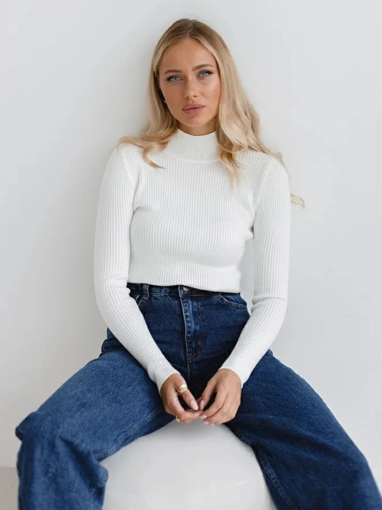 Women's Elegant Knitted Pullover Sweater Vintage Half High Neck Solid Tops Casual Slim Fit Sweaters Autumn Winter Basic Knitwear