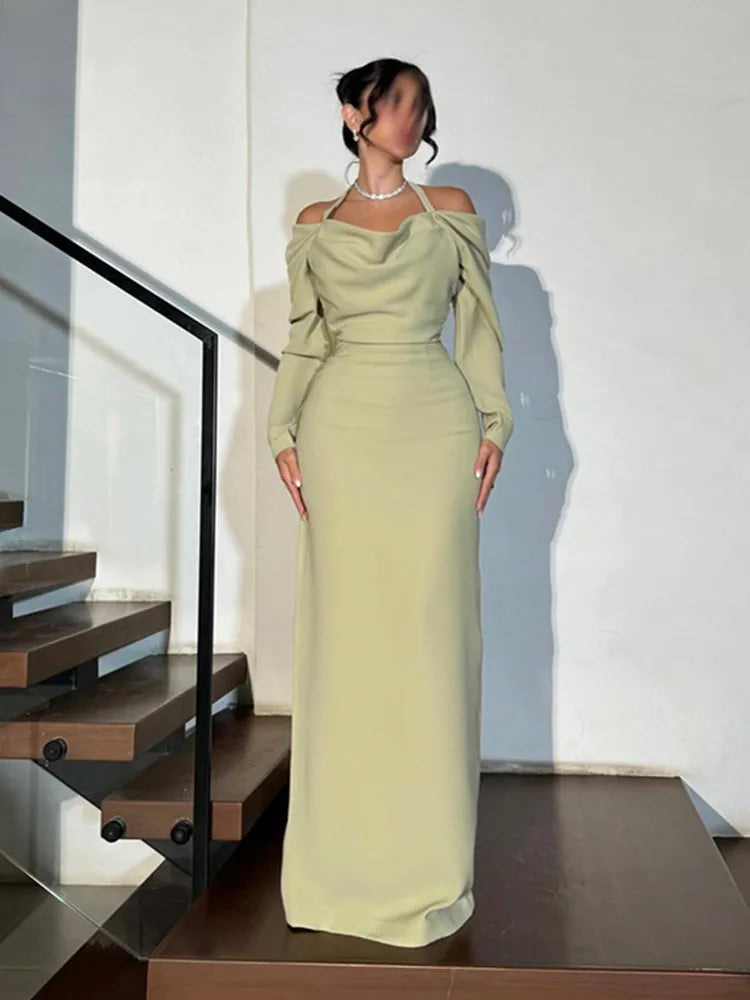 BKLD 2026 Spring Summer Elegant Sexy Bag Hip Off The Shoulder Halter Neck Strap Long Sleeve Dress Women Clothing Party Dress