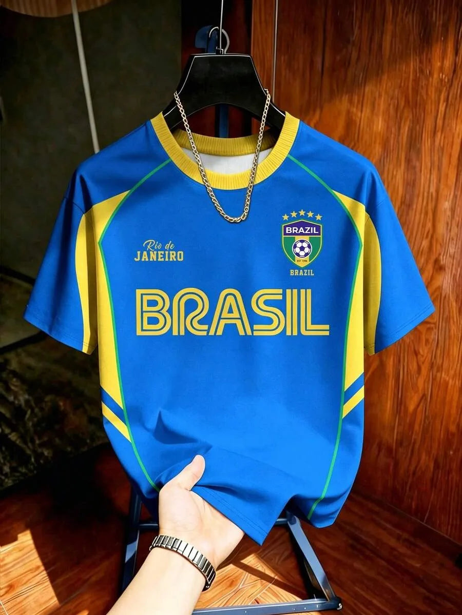 KIDS BRAZIL FOOTBALL T-SHIRT SOCCER JERSEY STRIPE & RETRO PRINT BREATHABLE QUICK DRY TRAINING TEE FAN SPORT TOP MEN WOMEN