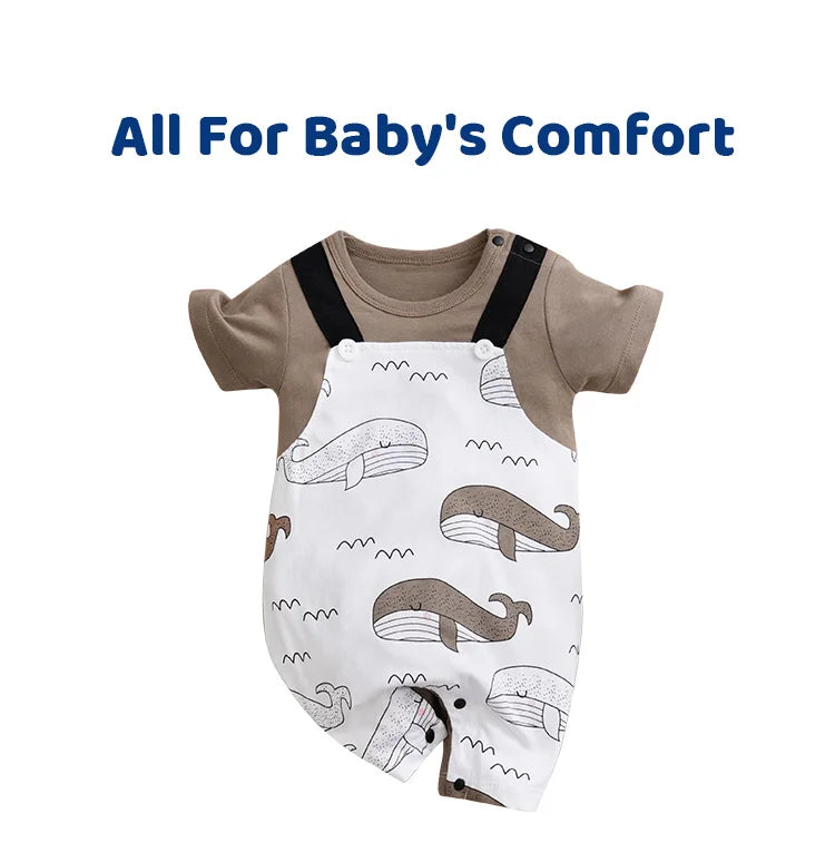 Baby Boy Girl Newborn Casual Cute Cartoon Whale Fake Two Pieces Of Baby Jumpsuit Cotton Summer Short Sleeved Jumpsuit