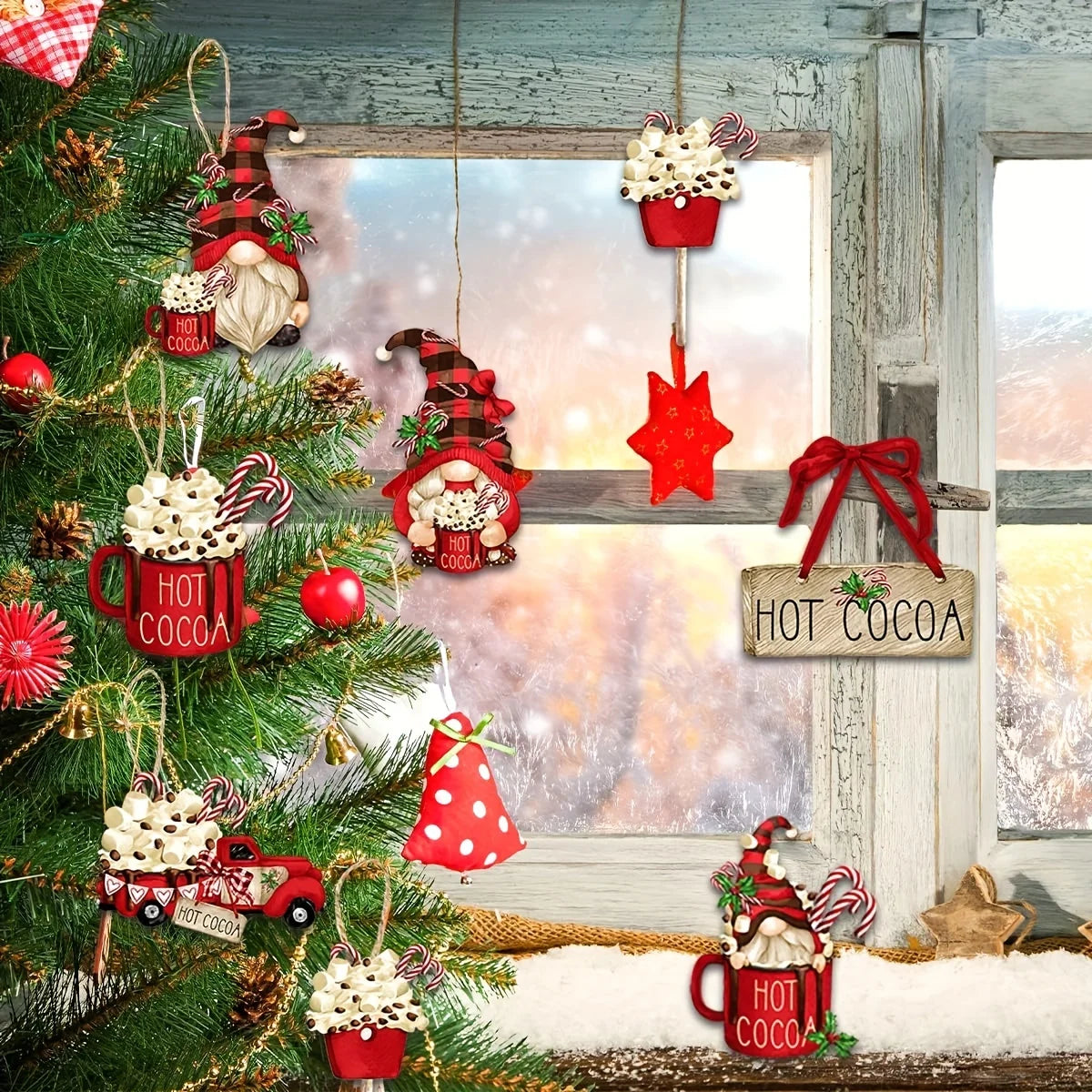 16/24/32pcs Wooden Hanging Ornaments Set with Hemp Rope - Red Ice Cream Truck & Hot Cocoa Themed Christmas Tree Decorations