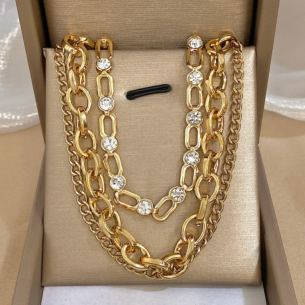 Punk Chunky Gold Color Rhinestone Multilayer Chain Choker Necklaces For Women Temperament Daily Jewelry Accessories