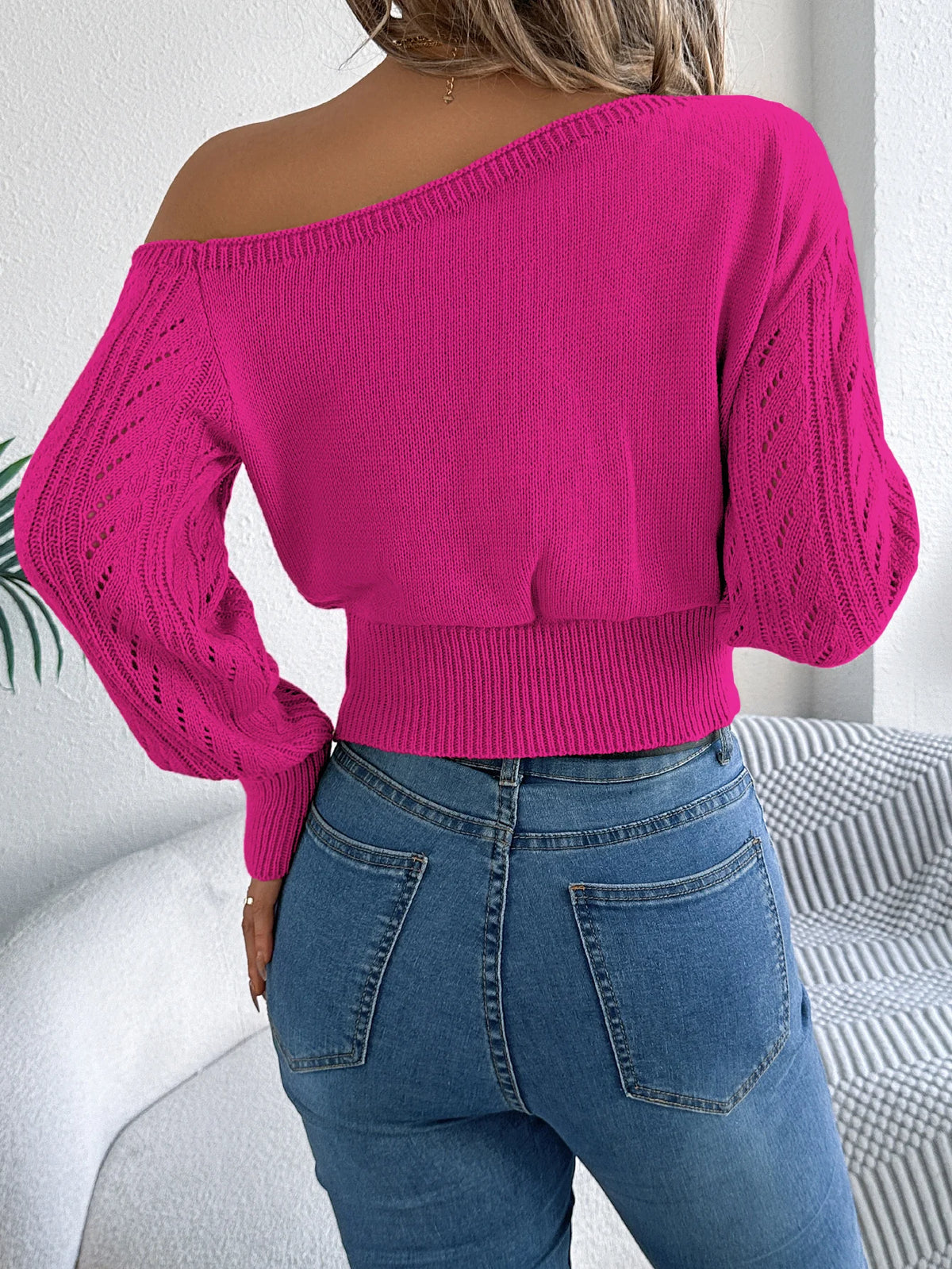Autumn Winter Casual Elegant Slash Neck Off Shoulder Long Sleeved Knitted Pullover Sweater for Women