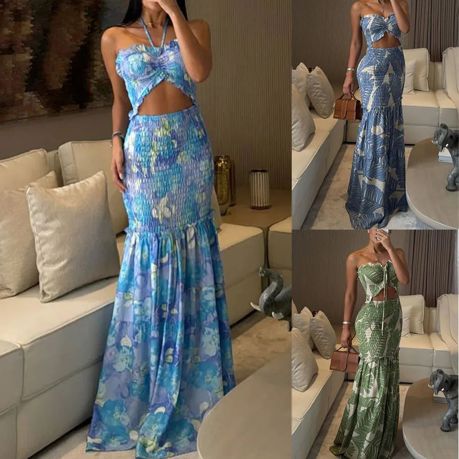 BKLD Women Clothing Halter Neck Party Dresses Fashion Printed Vacation Outfits Hollow Out Ruched Night Out Vestidos Clubwear