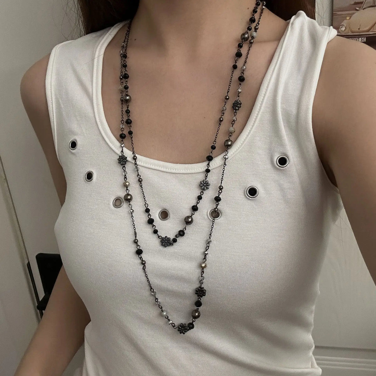 ZAKOL Vintage Flower Glass Beaded Double Layered Stacking Chains Necklaces for Women Temperament Sweater Fashion Jewelry