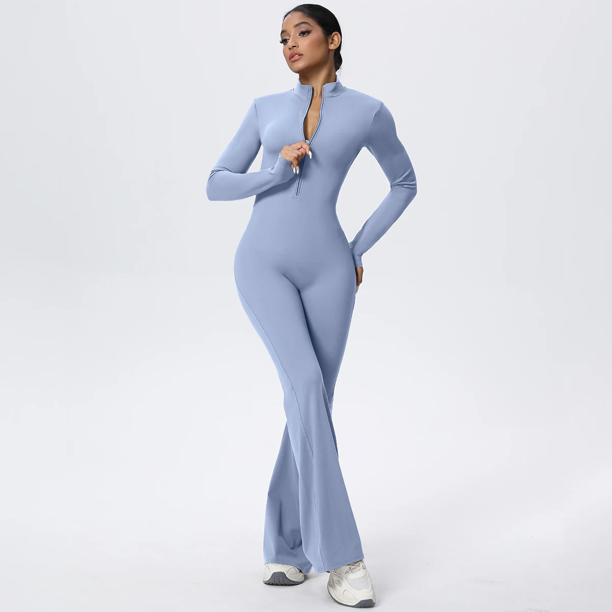 Woman's Fitness Yoga Bodysuit Solid Color Yoga Zipper Long Sleeves Trousers Gym High Strength Exercise Sports Bodysuit Leggings