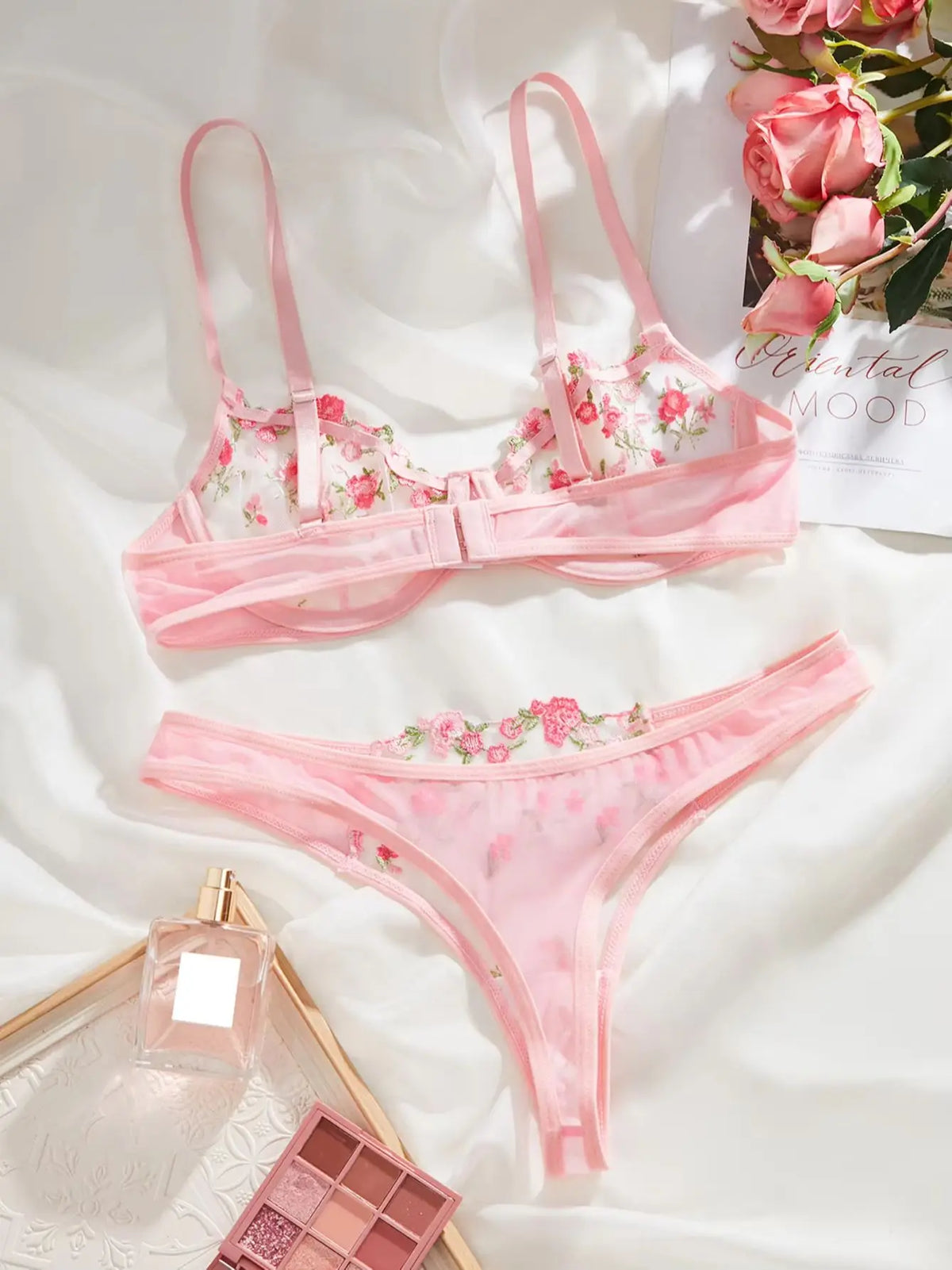 Pink Floral Embroidery 2-Piece Bra Set Women's Half Cup Thin Breathable Thong Underwear Valentine's Day Gift