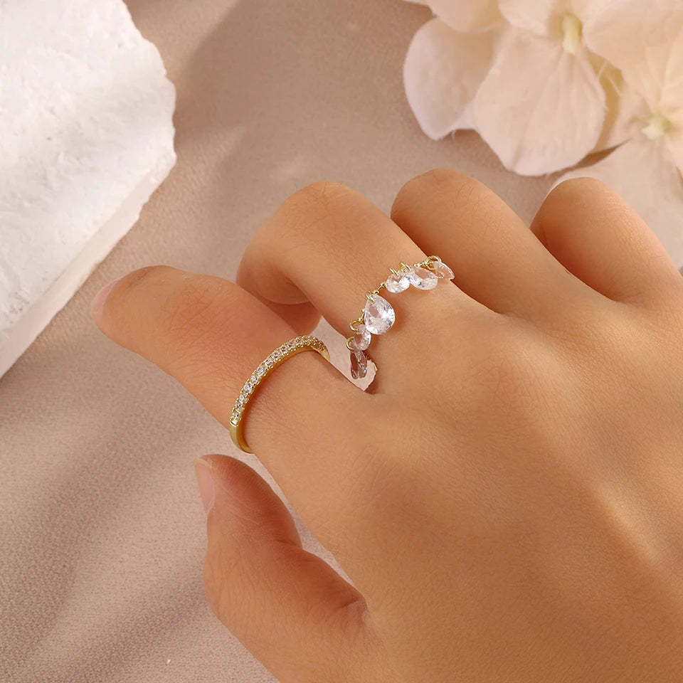 ZAKOL 2pcs/set Minimalist Fashion Zirconia Water Drop Crystal Pendant Ring Women's Daily Wear Exquisite Finger Jewelry
