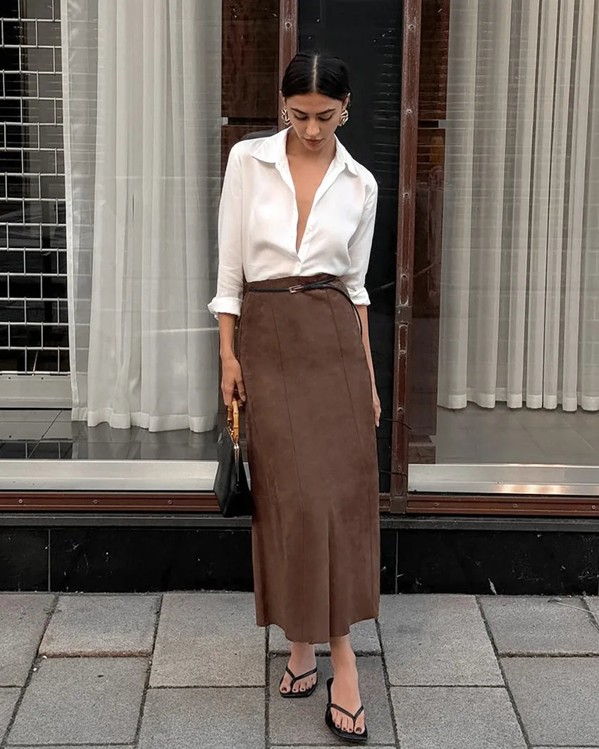 BKLD Autumn And Winter Retro New Fashionable Suede Fabric Brown Slimming High Waist Straight Skirt Casual Long Skirts For Women