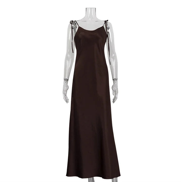 Sexy Backless Strap Sleeveless Satin Female Dress Chic Women High Waist Bodycon Maxi Dress 2026 New Summer Casual Dresses