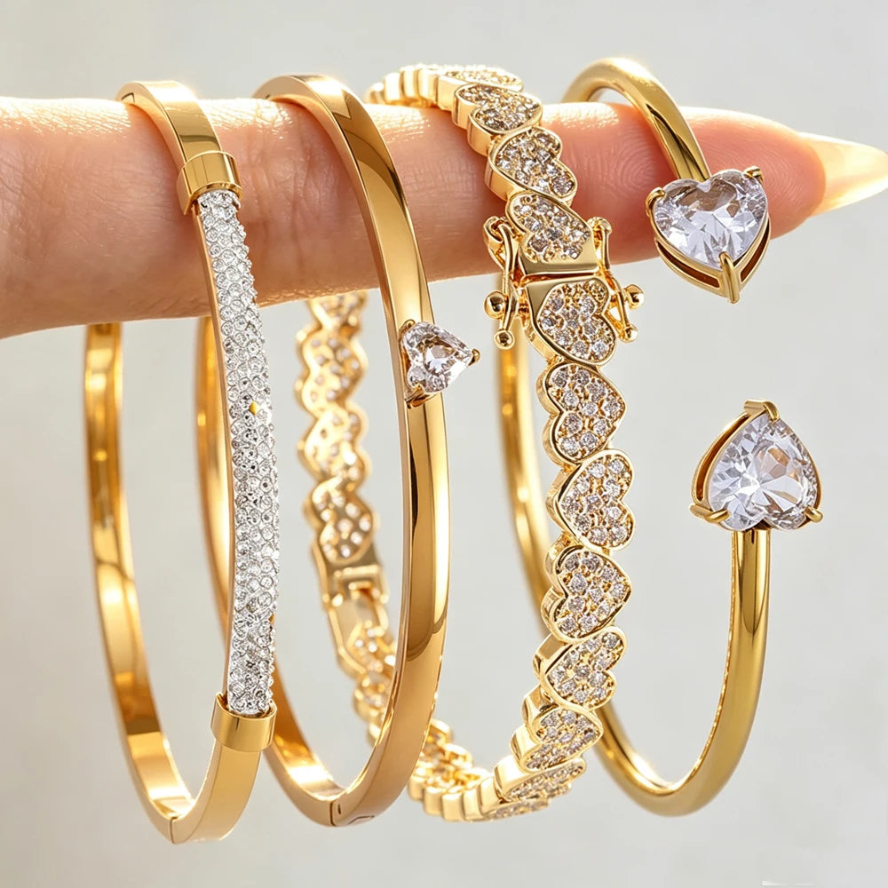 ZAKOL 4/1pcs Fashion Stainless Steel Sackable Bracelets Shiny Heart-shaped Zircon Embellished Bracelet Bangles Charm Jewelry Gif