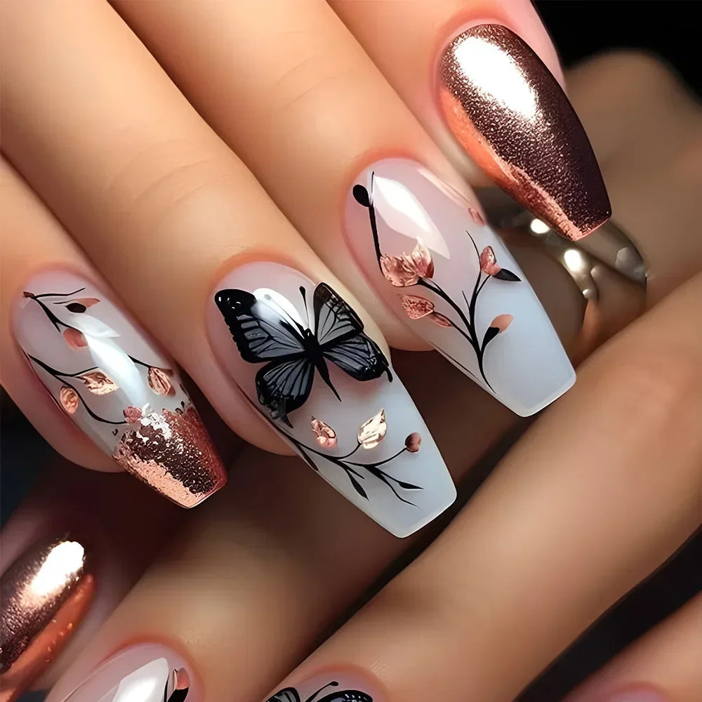24Pcs Mid-length Fake Nails with Glue Wearable Glitter Press on Nail Detachable French Sweet Butterfly Acrylic Nail Manicure Tip