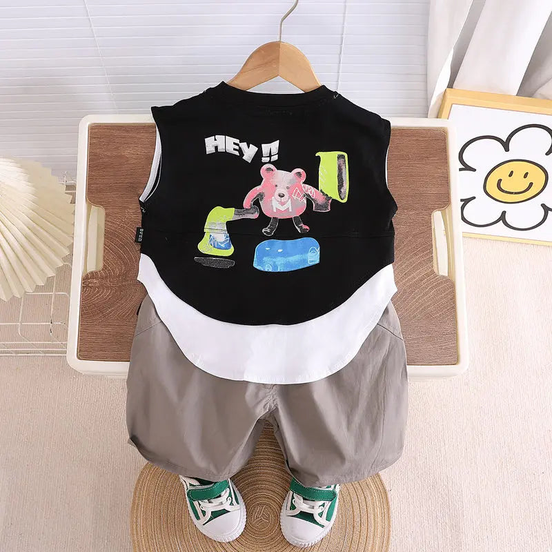 Summer Cartoon Print Baby Boys Girls Cotton Sport Letter Vest Shorts