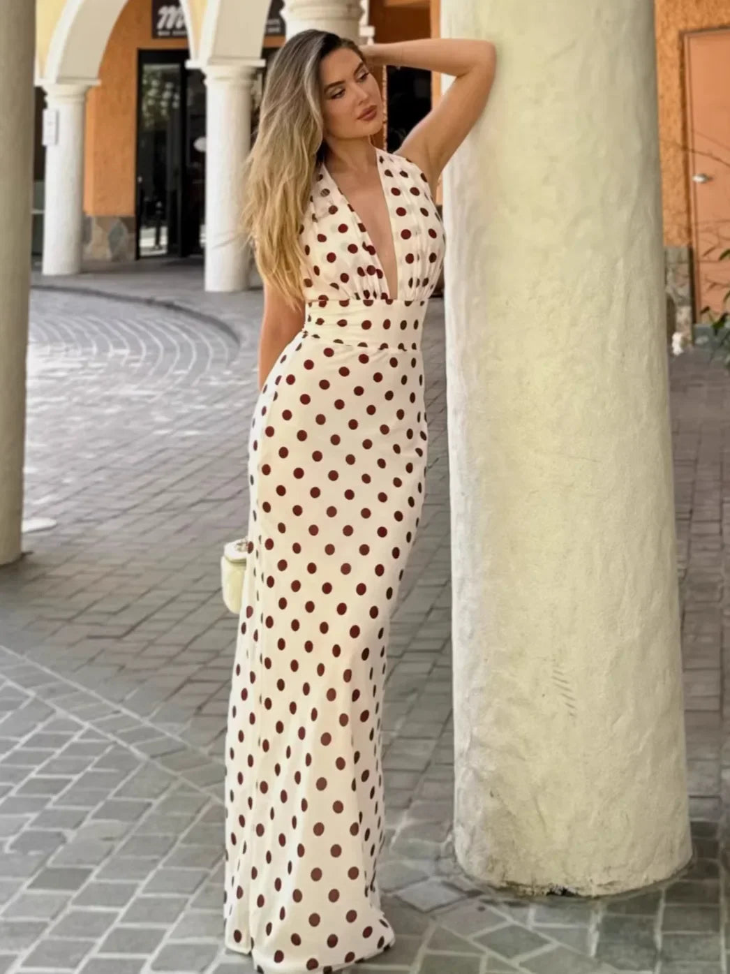 Women Sexy Polka Dot Halter Maxi Dress Elegant V Neck Backless Sleeveless High Waist Dresses 2026 Female Summer Party Dress