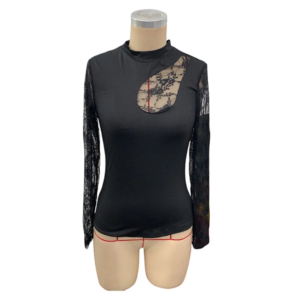 BKLD 2026 New Women Clothing Sexy Tops Fashion Black Lace Patchwork Irregular Collar T-Shirt Long Sleeve Tops Party Clubwear