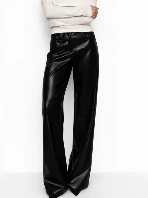 Vintage Ultra-soft PU Leather Pants High Waist Wide Leg Drape Straight-leg Slim Fit Pants 2026 Autumn Winter Streetwear