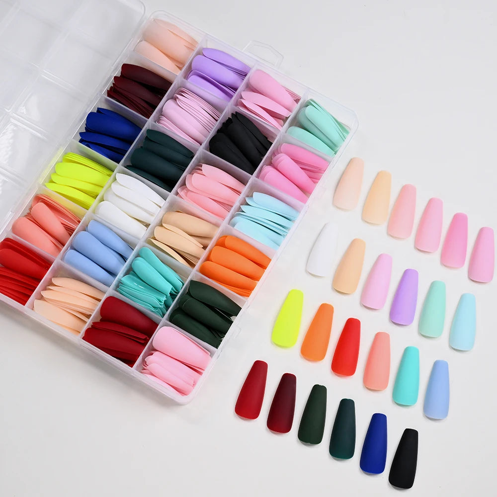 576pcs/box Frosted Colorful Long Coffin Fake Nails Acrylic Square Full Cover False Nails for Women DIY Press On Nails Extension