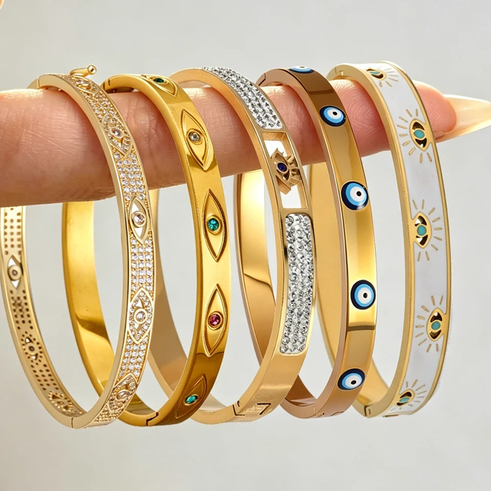 ZAKOL 5/1pcs Classic Stainless Steel Devil's Eye Bracelets Sparkling Zircon Bangles Fashion Gold Color Plated Stacking Jewelry