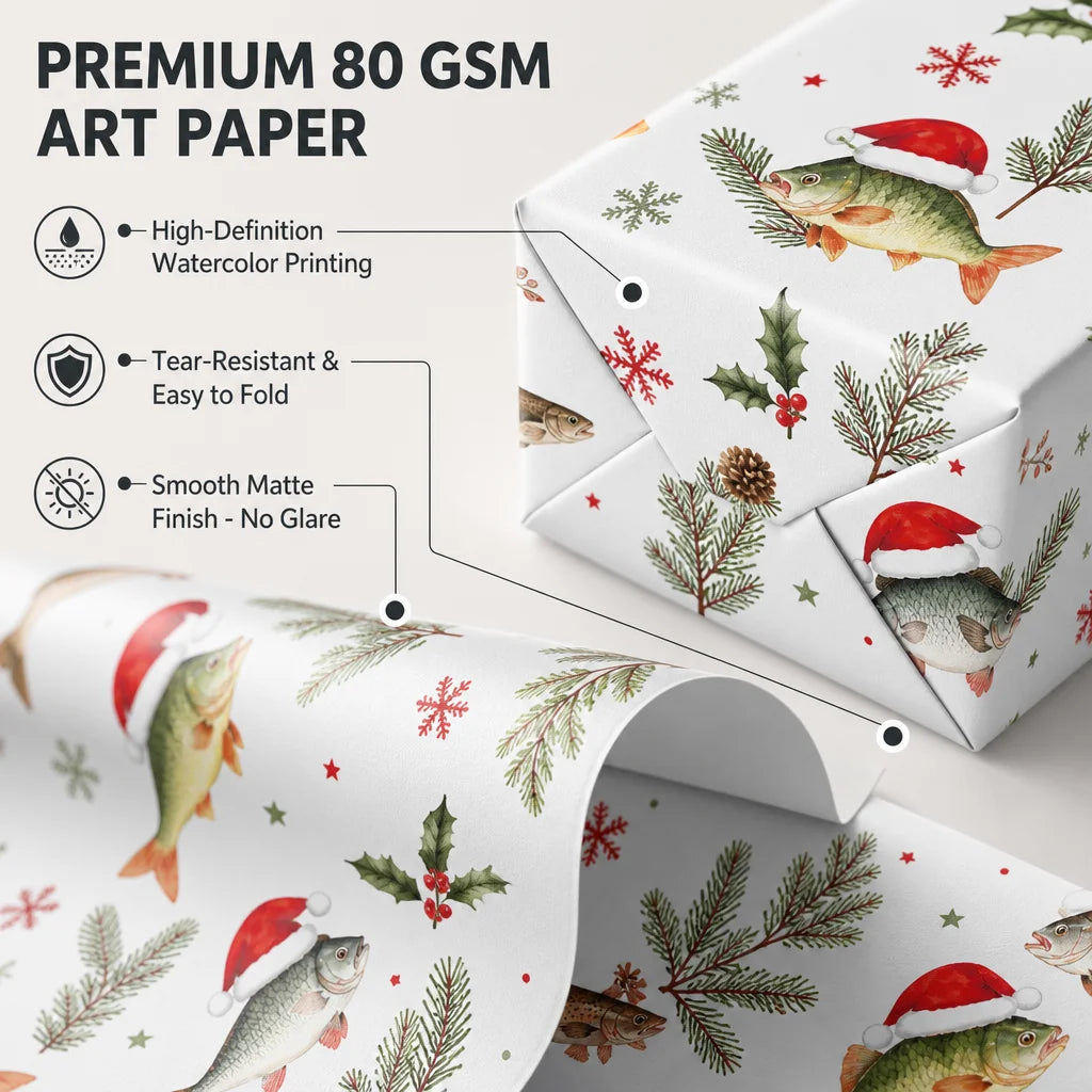 43X300CM Fisherman Christmas Wrapping Paper, Cute Santa Hat Fish Pattern, Winter Pine & Holly Design for Angler Holiday Gifts