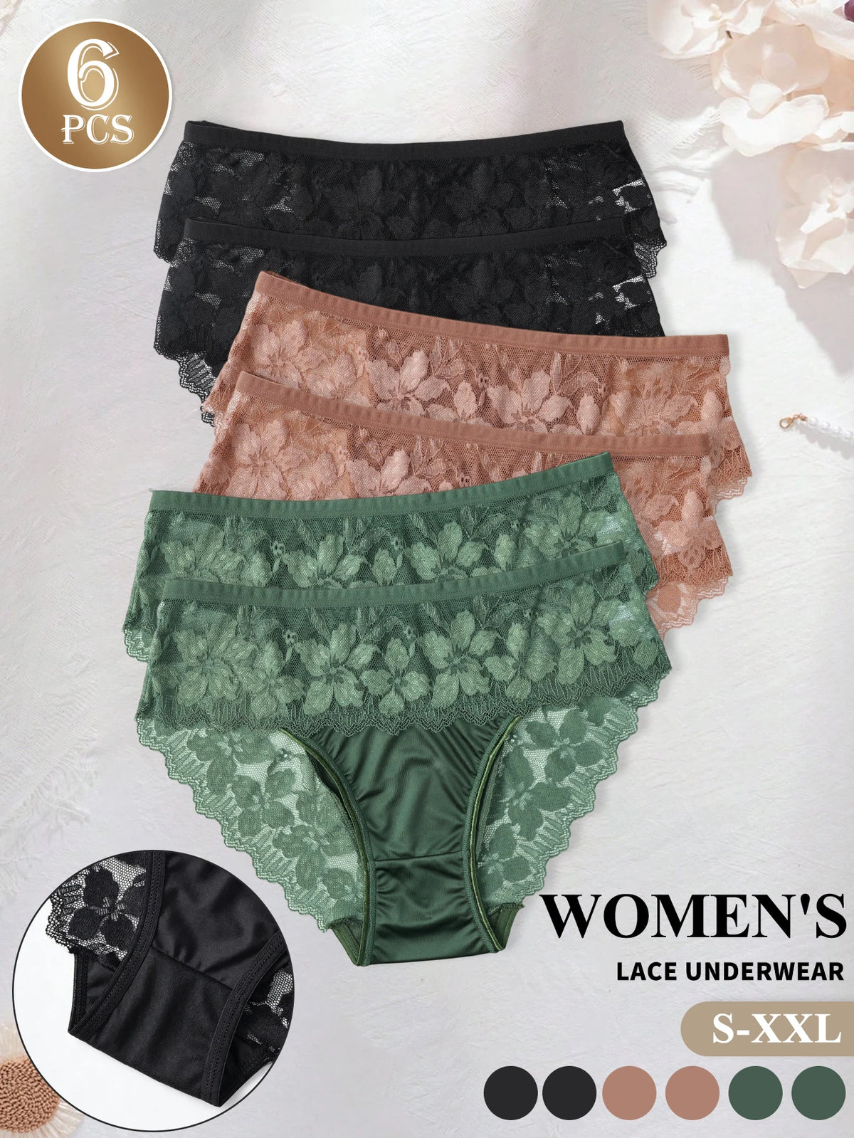 6 Pack Elegant Women's Lace Panties Solid Color Satin Mid-Rise Briefs Sexy Lace Floral Trim Breathable Ladies Underwear S-XXL ﻿
