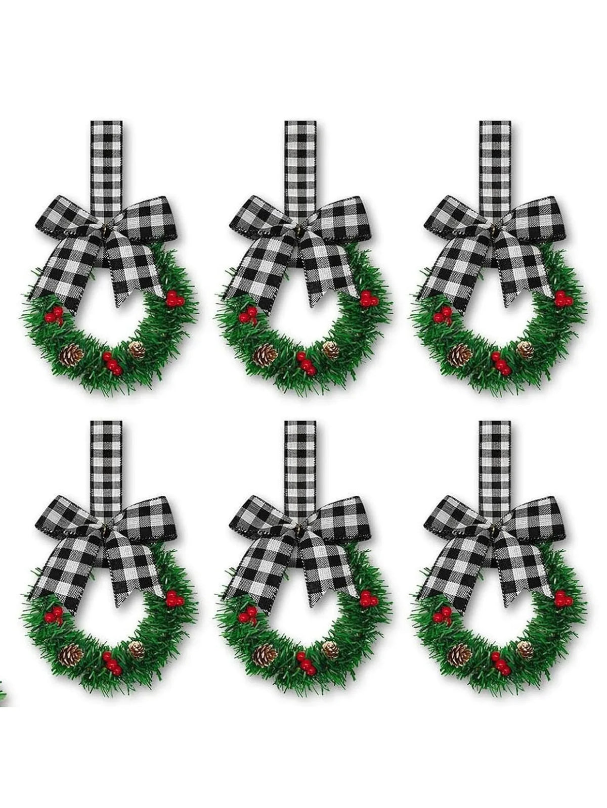 6 Christmas Kitchen Cabinet Wreaths With Ribbons, Christmas Mini Cabinet Wreaths With Ribbon Bows, For Fireplaces,Stair Railings