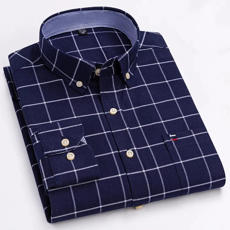 Men Social Shirts Long Sleeve 100% Pure Cotton Oxford Soft Buttoned Plaid Formal Male Clothes Oversized Shirt Plus Size 6XL 7XL