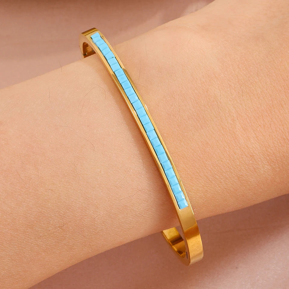 ZAKOL New 4 Styles Bule Turquoise Zircon Inlaid Bracelet Bangles for Women Ffashion Open Buckle Bracelets Stacking Jewelry