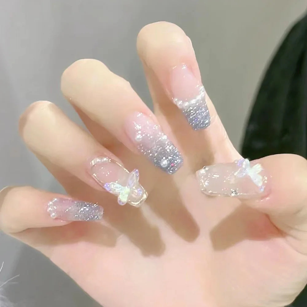 24Pcs Love Heart False Nails French Long Coffin Wearable Fake Nails Full Cover Bowknot/Moon Press on Nails Tips  for Women