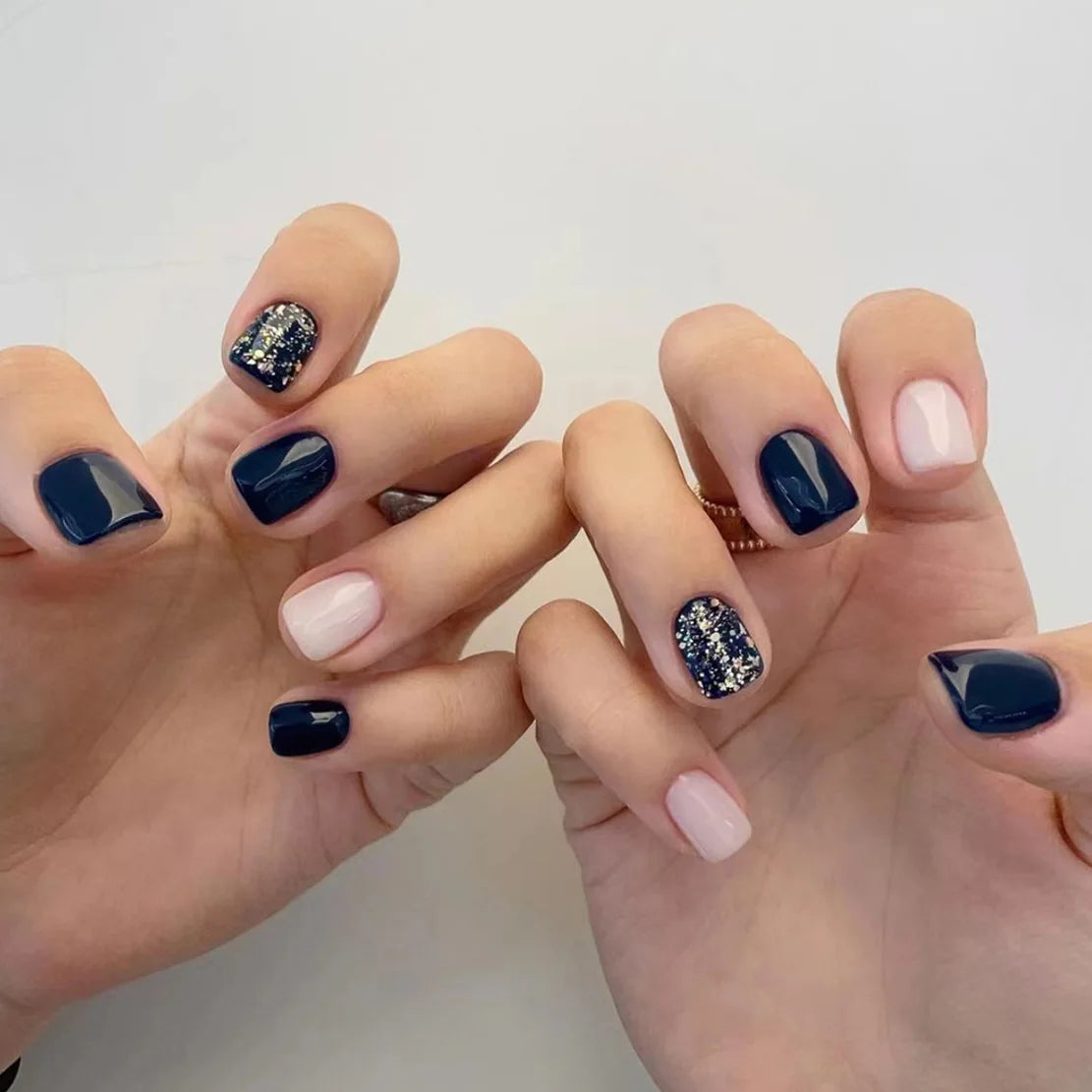 24pcs Blue Short Square False Nails Sets Shiny Smudge Lines Stick on Ballet Fake Nail Acrylic Simple Press on Nails Art Manicure